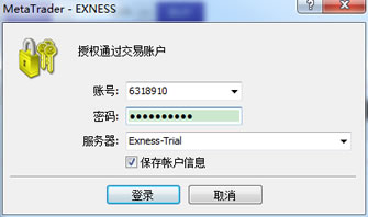 输入exness模拟账户信息